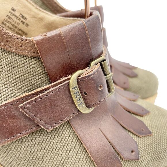Frye Pepper Kiltie Wedge Sandals Sz 6 Brown Leather Canvas Cork Slingback Buckle - Picture 2 of 16